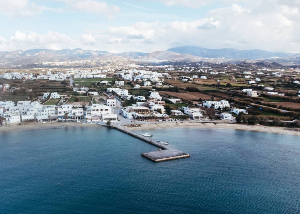 Drone view of the beach in Agia Anna, a great place to stay in Naxos, Greece