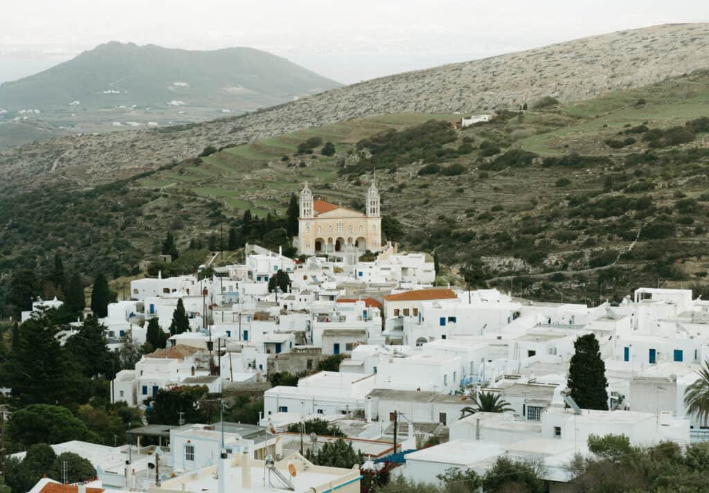 drone view over Agia Triada, a beautiful church in Leftkes, Paros