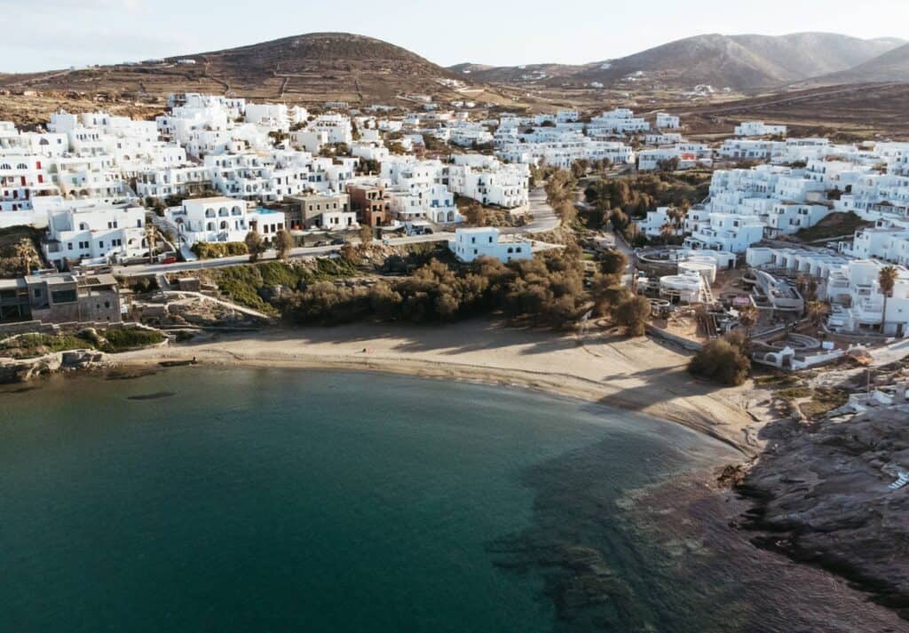 Drone view of Piperi Beach in Paros at sunset