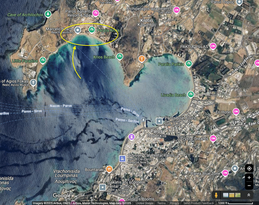 Satellite View Google Map with Marcello Beach circled in yellow. 