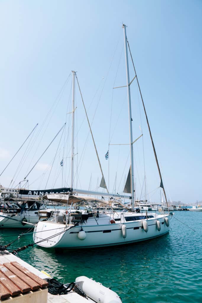 Sailboats docked at the marina in Naxos, preparing for boat tours in Naxos